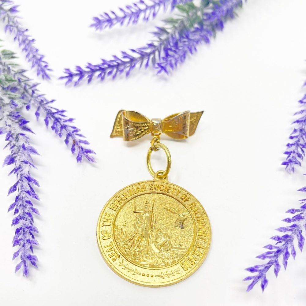 Vintage Seal Of The Hibernian Society Of Baltimore Medal Brooch Pin